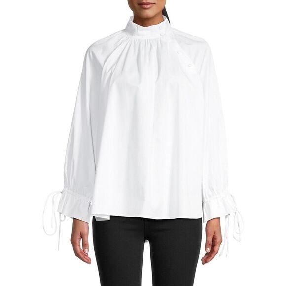 Harshman “Bianca” Ruched Button-Front Band Collar Blouse in White – NWT – XS - Picture 1 of 11